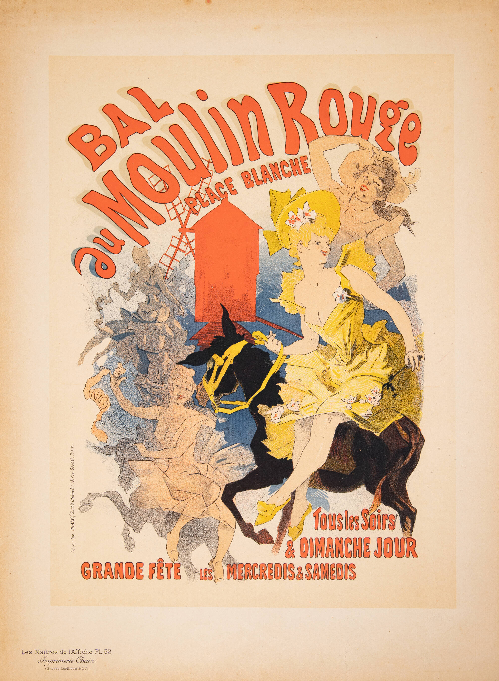 Frech print poster for the Moulin Rouse. Image includes a many women around a red windmill. One of these women wears a yellow dress and sits on a black horse.